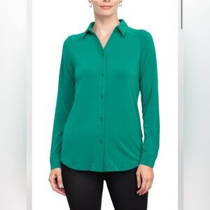 Adrianna Pappell Collared Long Sleeve Button Front Solid Knot Moss Crepe Shirt